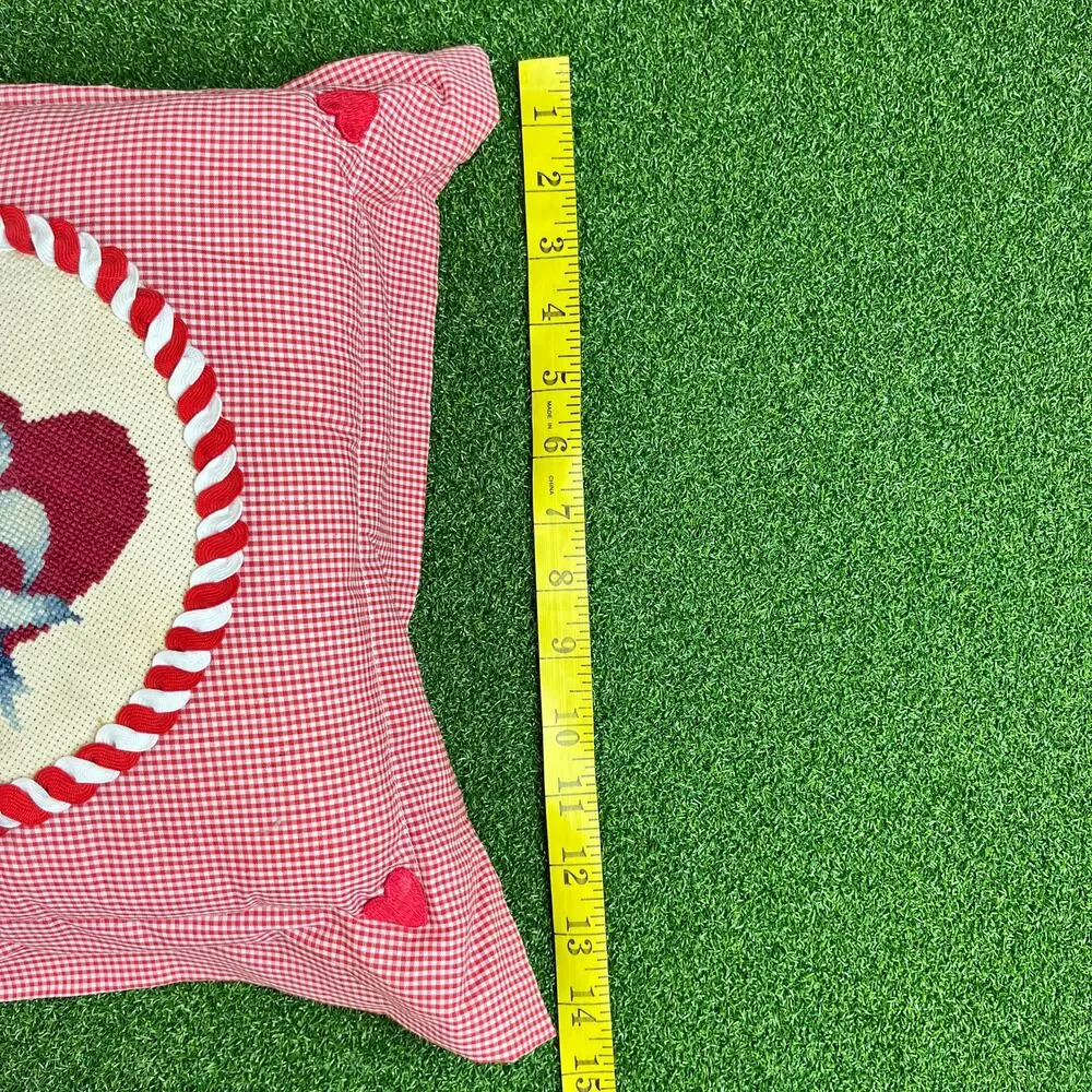 Vintage Red Gingham Heart Rose Design Needlepoint Throw Pillow